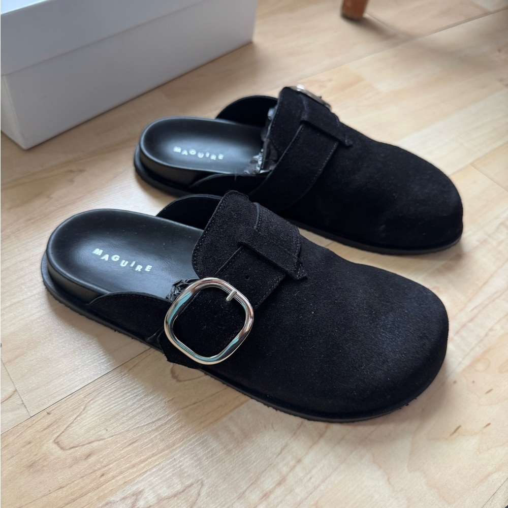 Black Suede Mules with Silver Buckle